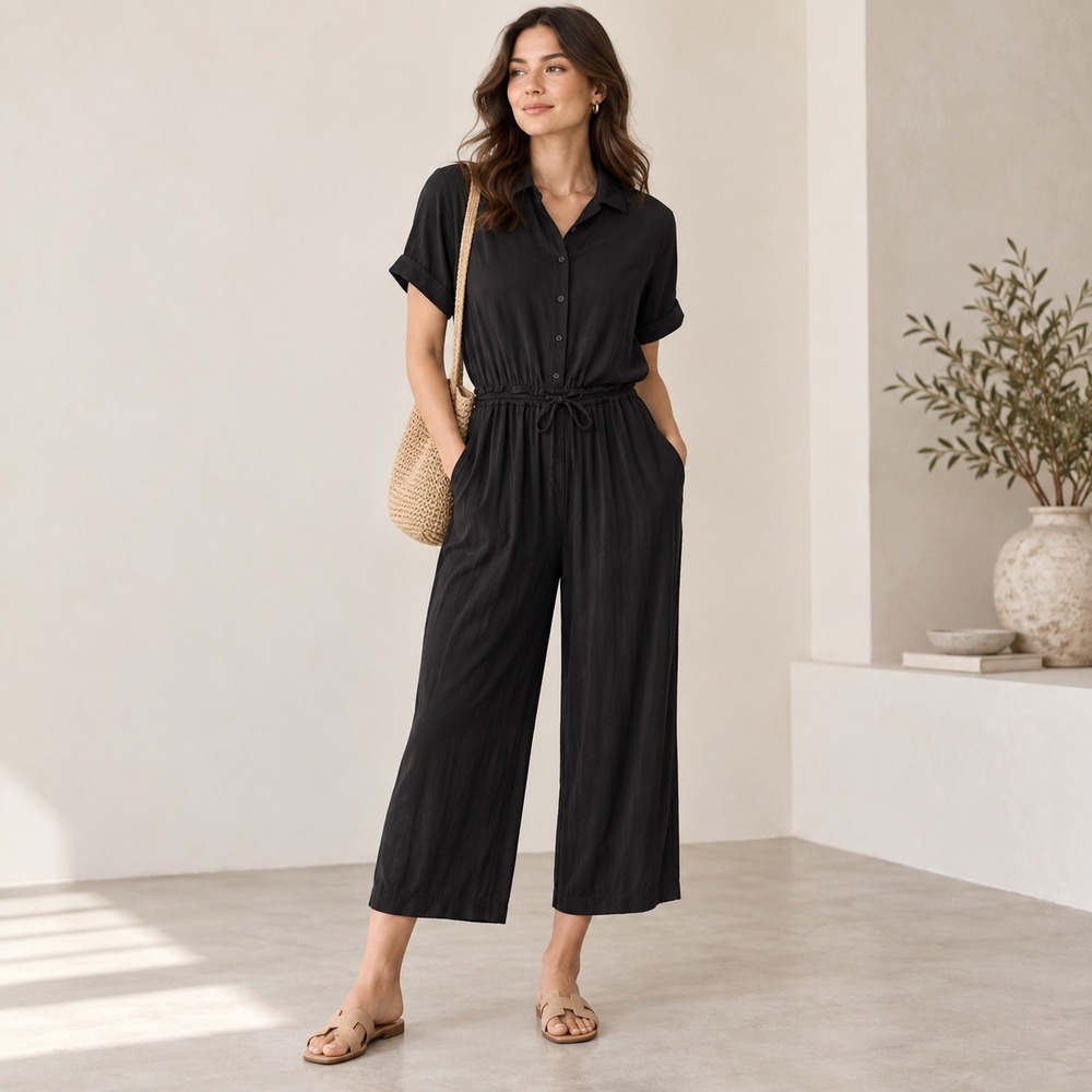 European Culture Black Cotton Cropped Jumpsuit Made in Italy Small Quiet Luxury